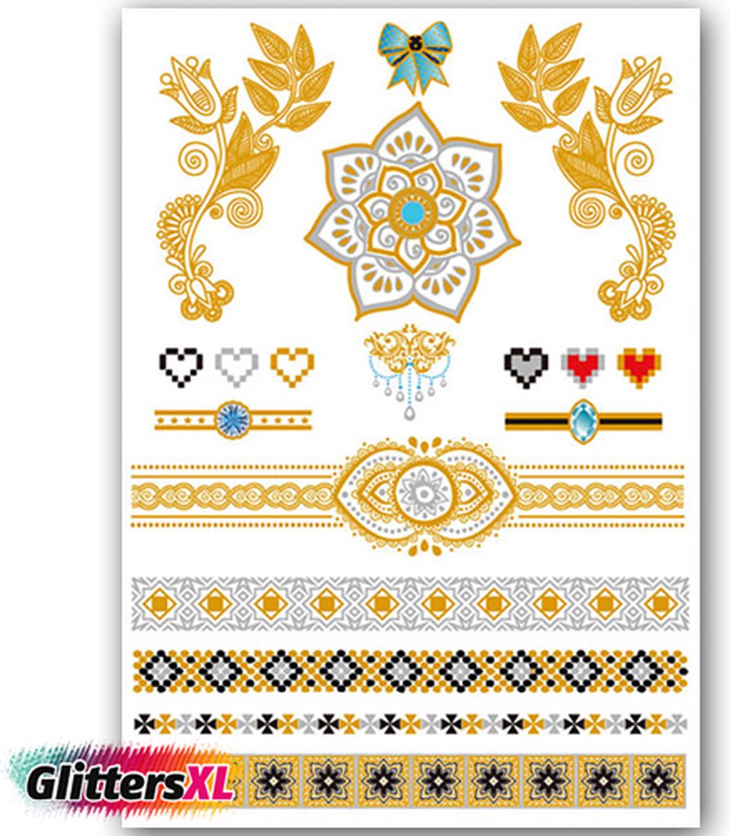 GlittersXL - Temporary Tattoo Goud/Gold (11x6cm) [Neptattoo Ibiza Turquoise - Tijdelijke tatoeage - Nep Fake Tattoos - Water overdraagbare festival sticker henna outfit tattoo - Glitter tattoo - Volwassenen Kinderen Jongen Meisje]